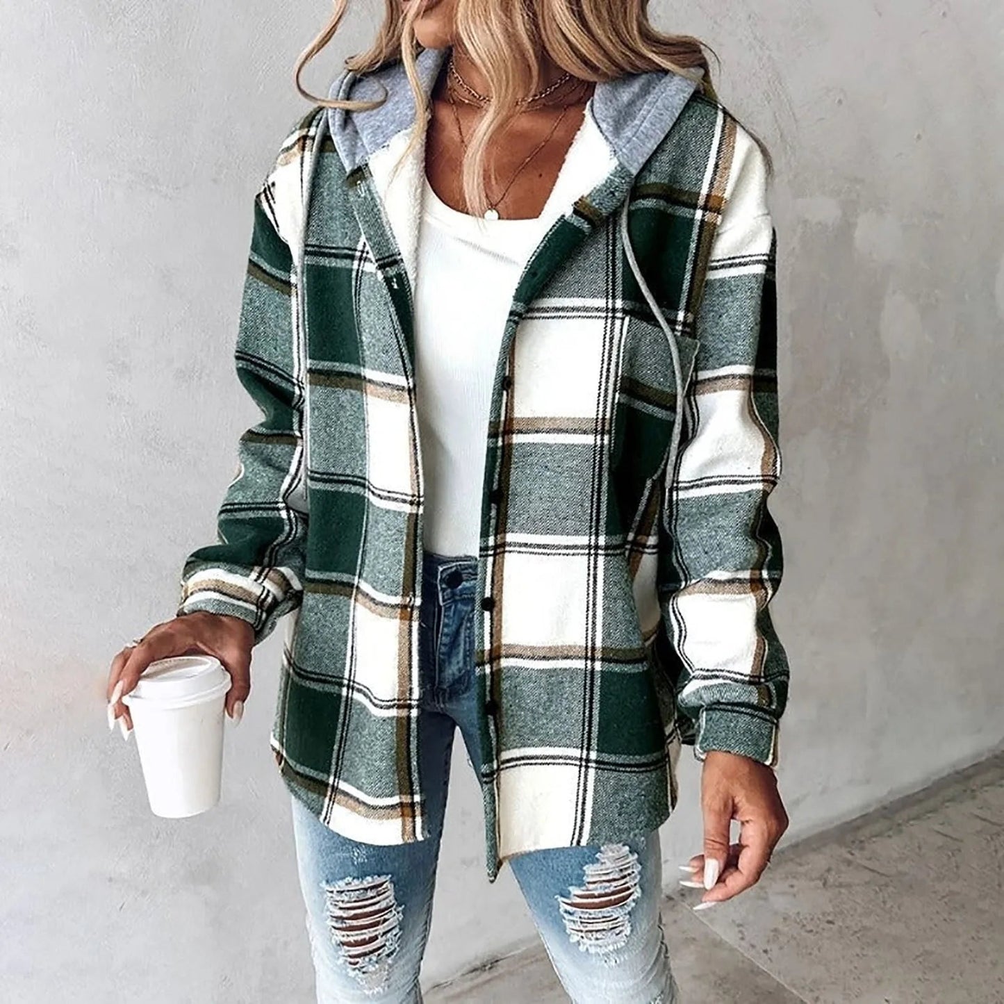 Chaqueta mujer con capucha y estampado cuadros casual cálida