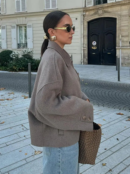 Chaqueta Corta Mujer Mezcla de Lana Cuello Solapa Mangas Oversize