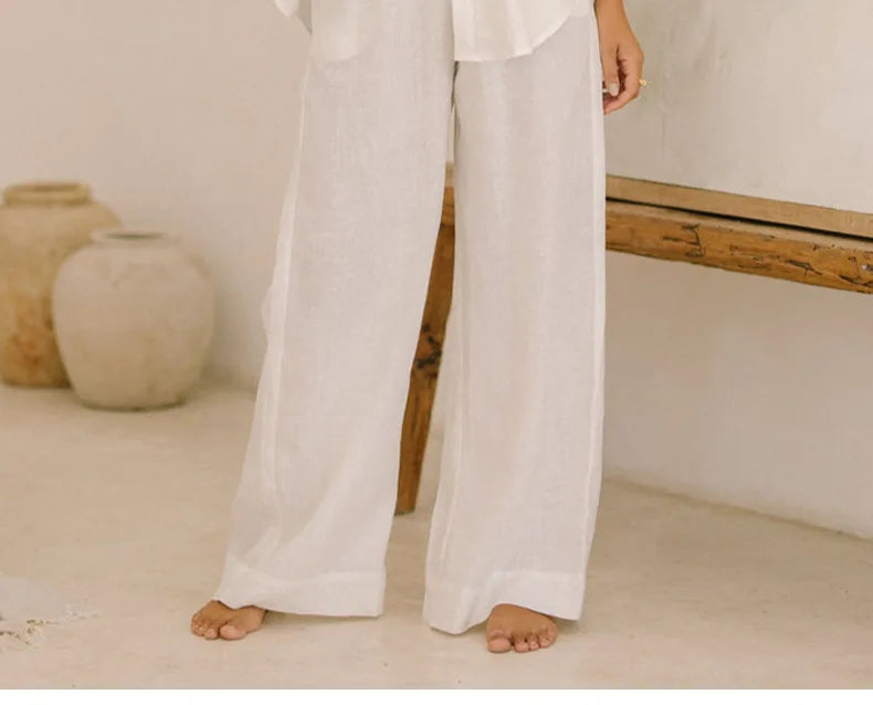 Pantalones Mujer de Lino Pierna Ancha Cintura Elástica Lazo