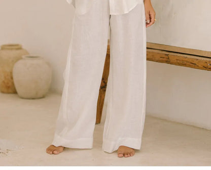 Pantalones Mujer de Lino Pierna Ancha Cintura Elástica Lazo