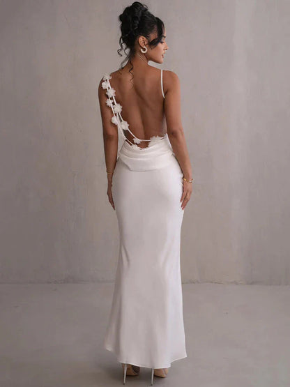 Vestido maxi mujer de satén con cuello cascada