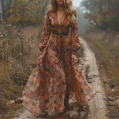 Vestido maxi mujer fluido boho con cinturón ligero