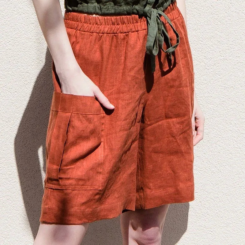 Pantalones Cortos Mujer de Lino Estilo Cargo Cintura Alta Elástica