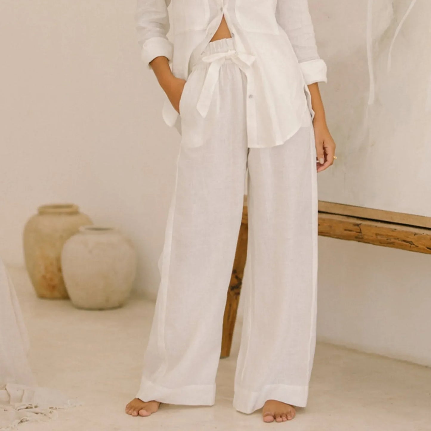 Pantalones Mujer de Lino Pierna Ancha Cintura Elástica Lazo
