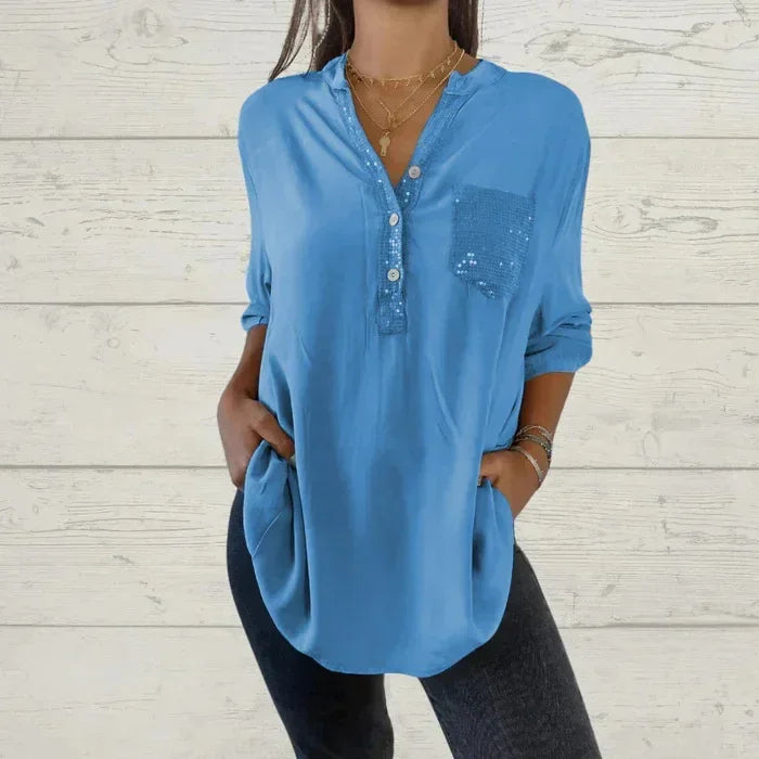 Blusa mujer casual con botones y detalles de lentejuelas