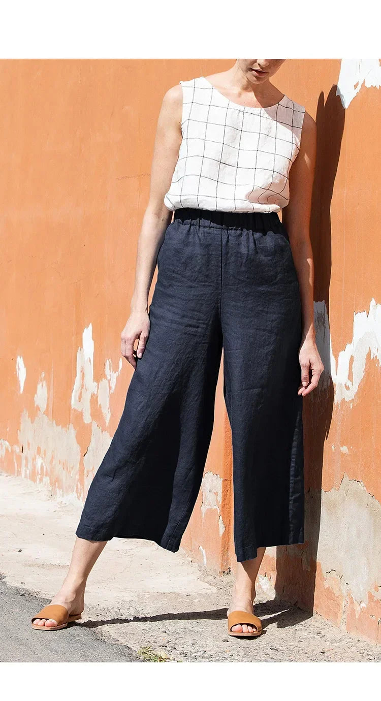 Pantalones Mujer de Lino Pierna Ancha Cintura Elástica Corte Tobillo