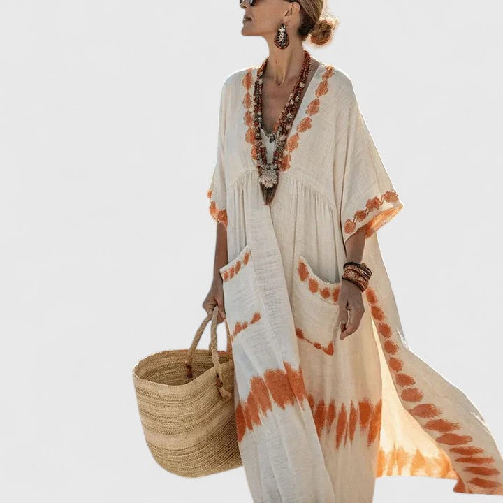 Vestido midi mujer de tejido transpirable estilo bohemio con bolsillos