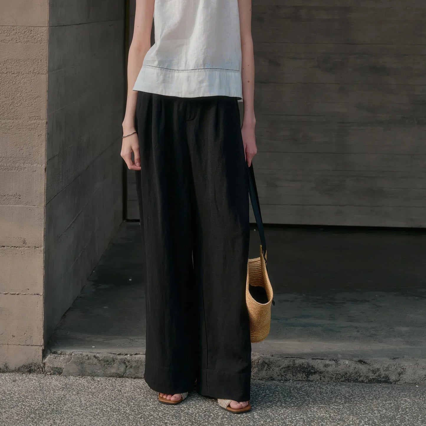 Pantalones Mujer de Lino Pierna Ancha Cintura Alta Elástica