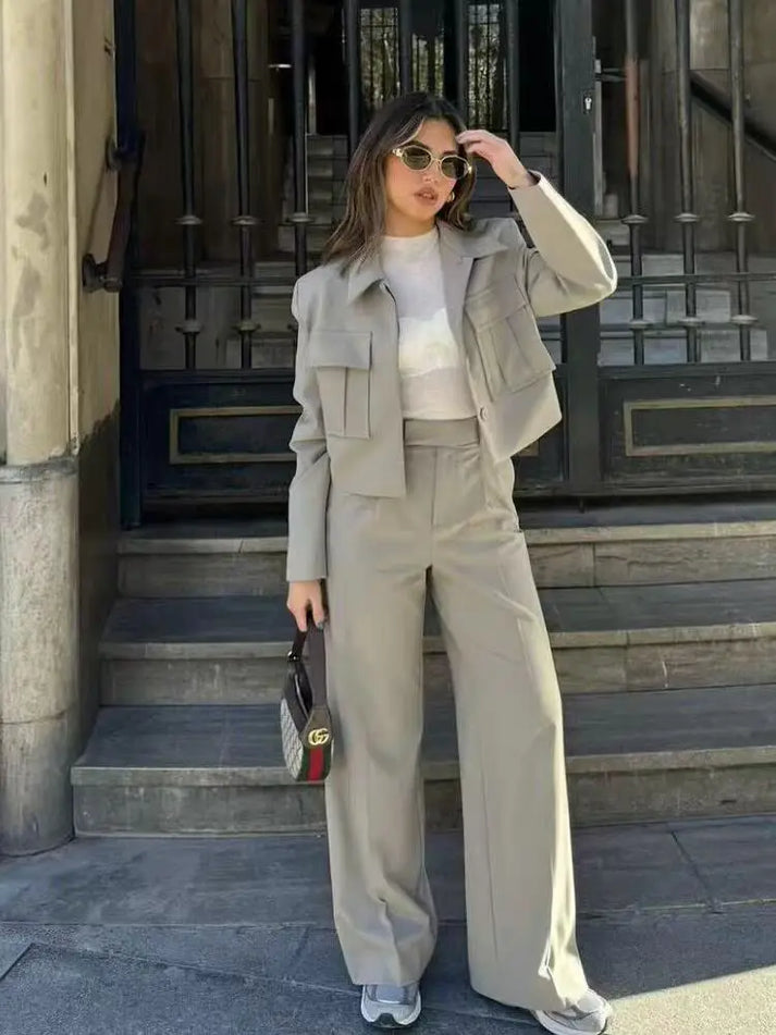 Conjunto Mujer Chaqueta y Pantalón Pierna Ancha Elegante