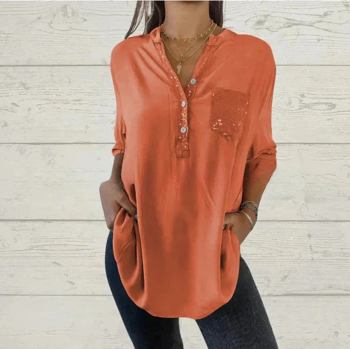 Blusa mujer casual con botones y detalles de lentejuelas