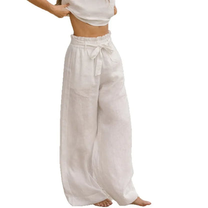 Pantalones Mujer de Lino Pierna Ancha Cintura Elástica Lazo
