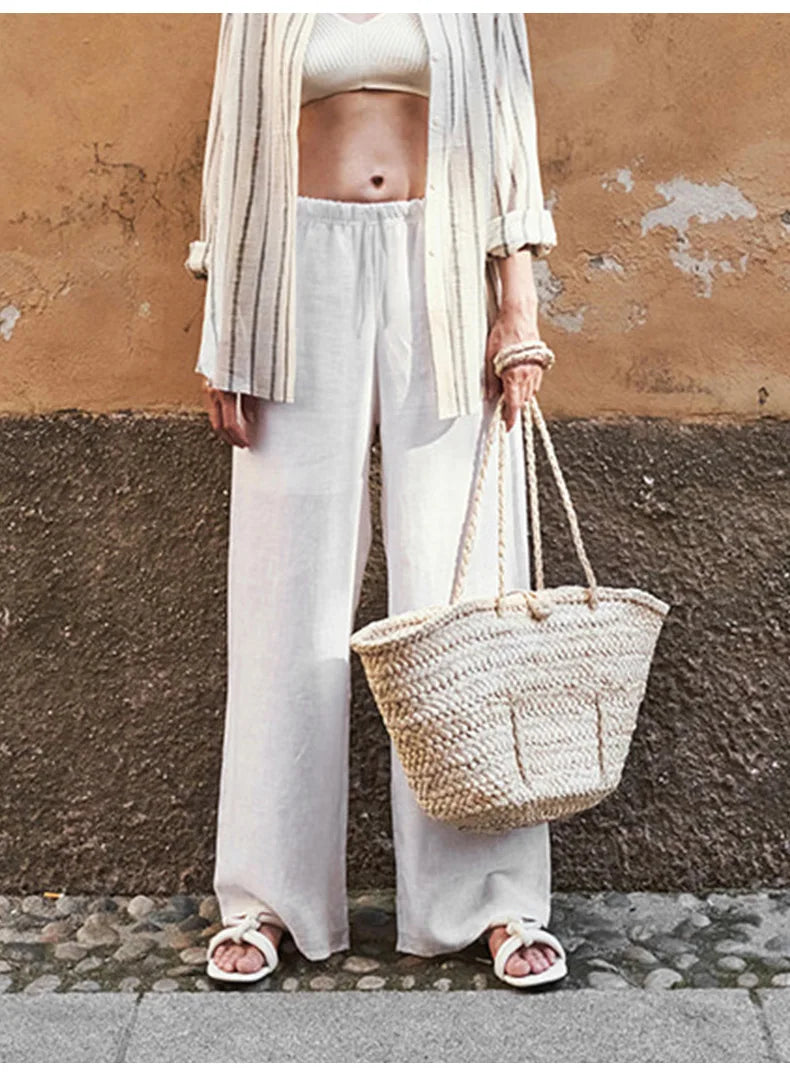 Pantalones Playa Mujer Mezcla de Lino y Algodón Pierna Ancha