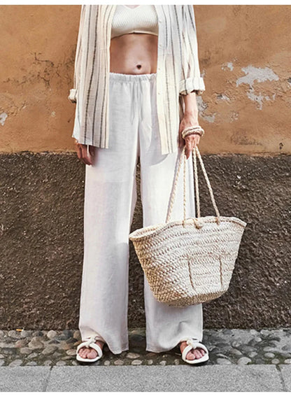 Pantalones Playa Mujer Mezcla de Lino y Algodón Pierna Ancha