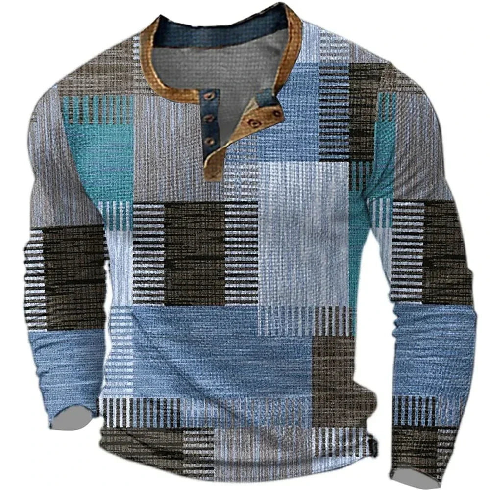 Camiseta hombre manga larga cuello henley patchwork casual