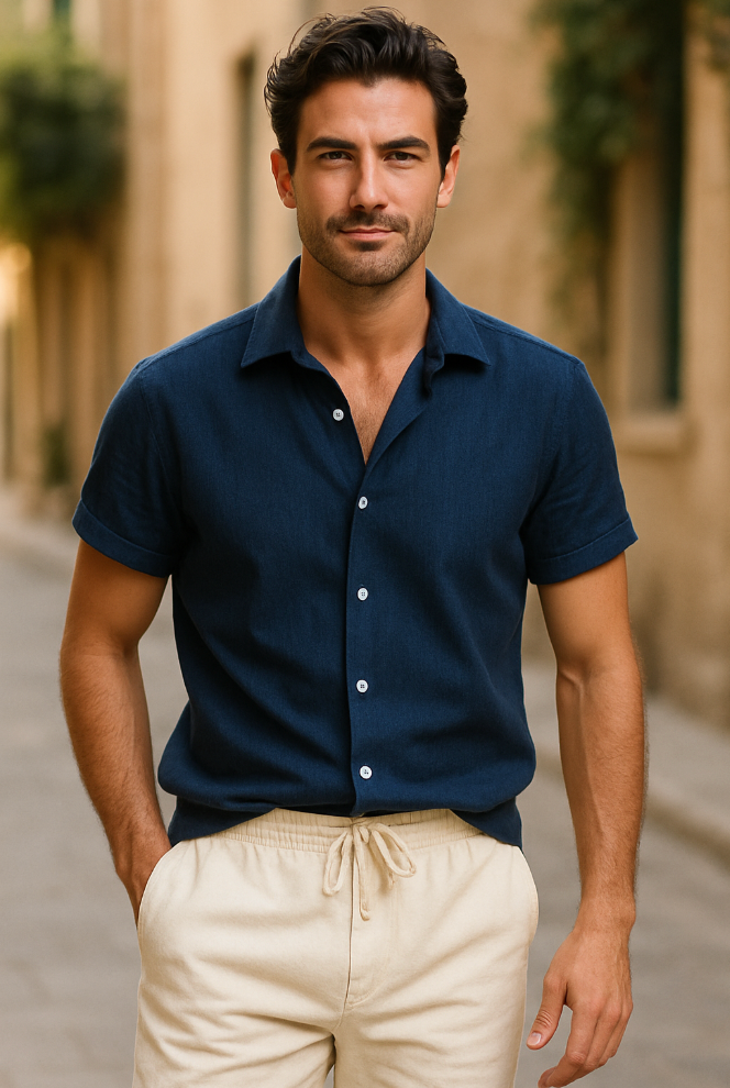 Conjunto Hombre de Lino Camisa Manga Corta Pantalón Cordón