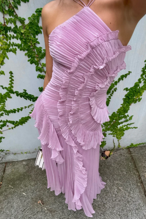 Vestido Maxi Mujer Plisado Volantes Corte Asimétrico