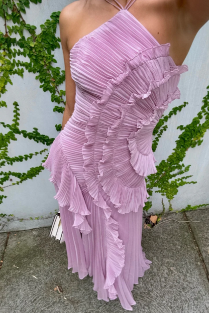 Vestido Maxi Mujer Plisado Volantes Corte Asimétrico