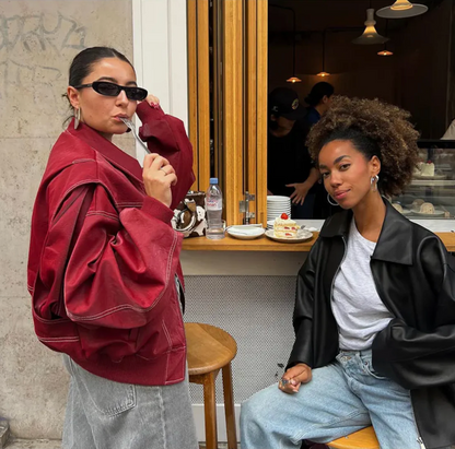 Chaqueta bomber mujer de cuero oversize con costuras decorativas