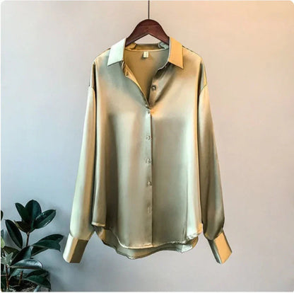 Camisa mujer de satén manga larga con botones y cuello solapa