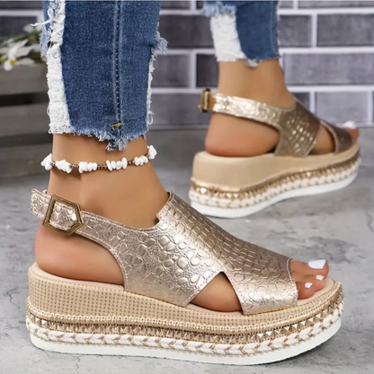 Sandalias Plataforma Mujer Textura Reptil Puntera Abierta