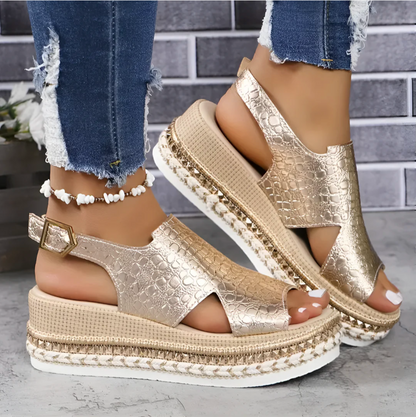Sandalias Plataforma Mujer Textura Reptil Puntera Abierta