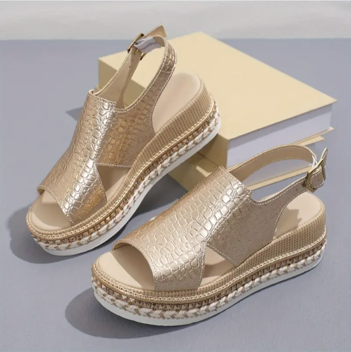 Sandalias Plataforma Mujer Textura Reptil Puntera Abierta