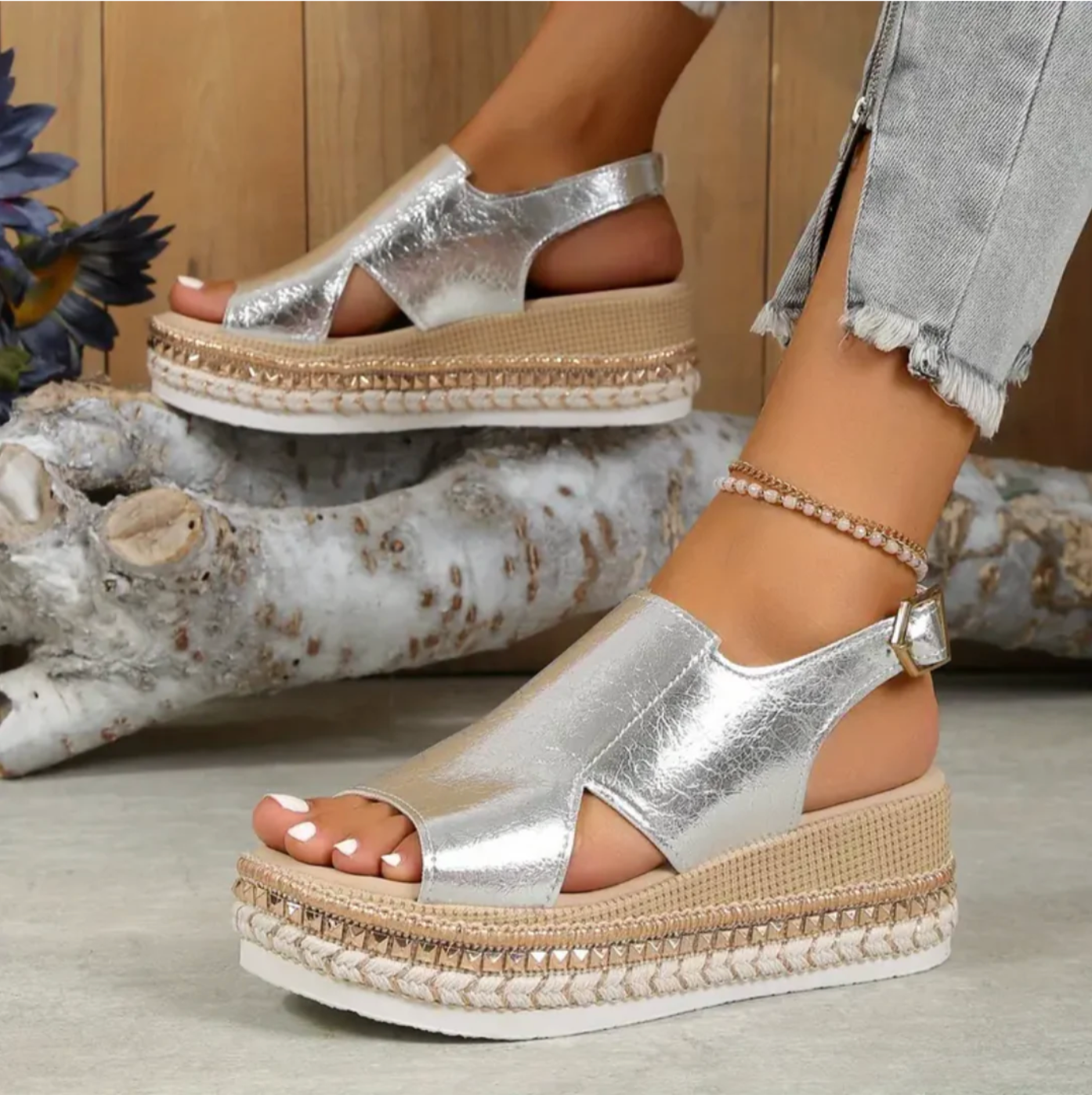 Sandalias Plataforma Mujer Textura Reptil Puntera Abierta