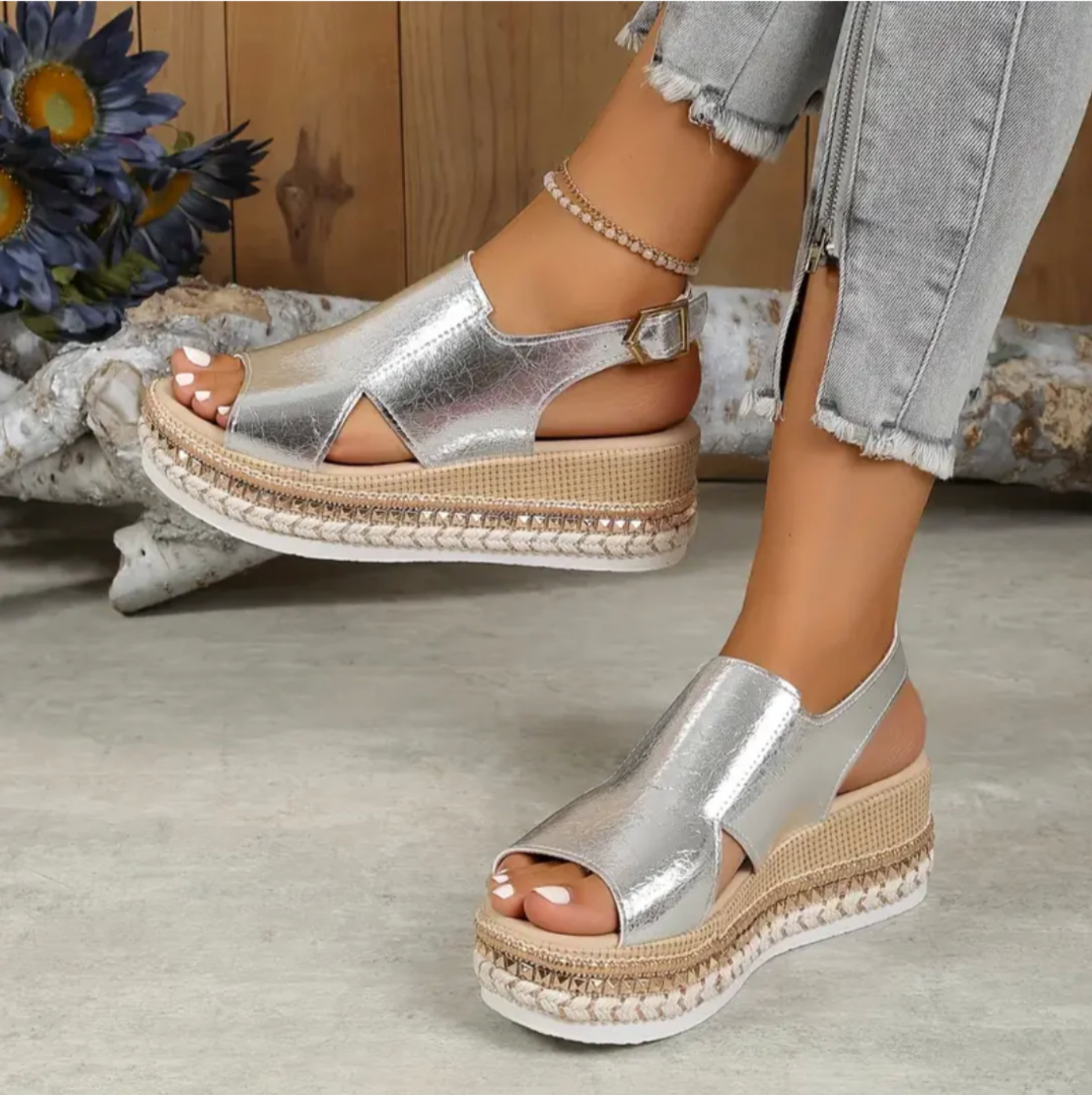 Sandalias Plataforma Mujer Textura Reptil Puntera Abierta