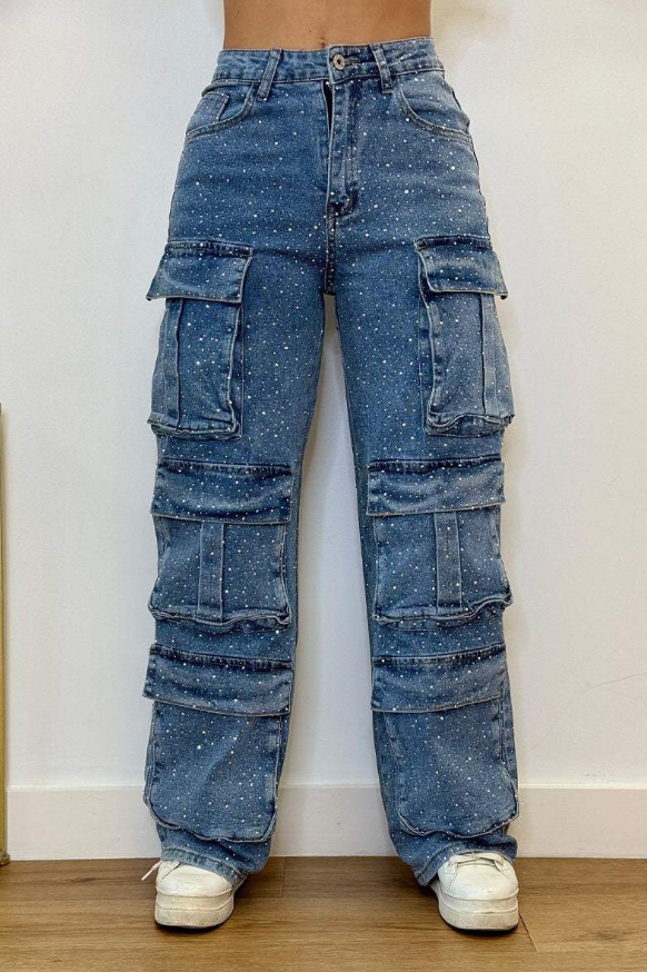 Pantalón Cargo Mujer con Efecto Brillante y Bolsillos Amplios