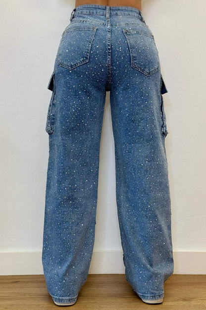 Pantalón Cargo Mujer con Efecto Brillante y Bolsillos Amplios