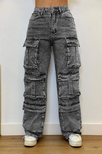Pantalón Cargo Mujer con Efecto Brillante y Bolsillos Amplios