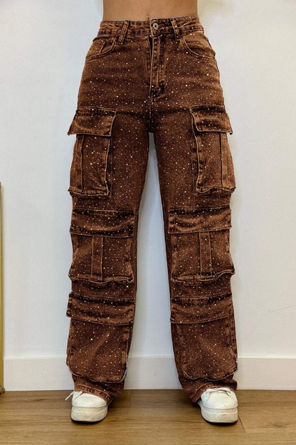Pantalón Cargo Mujer con Efecto Brillante y Bolsillos Amplios