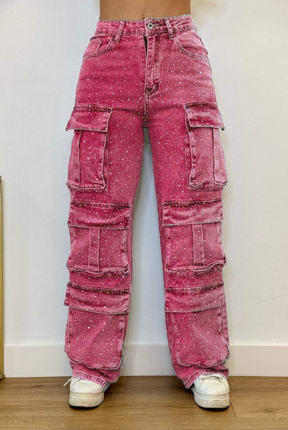 Pantalón Cargo Mujer con Efecto Brillante y Bolsillos Amplios