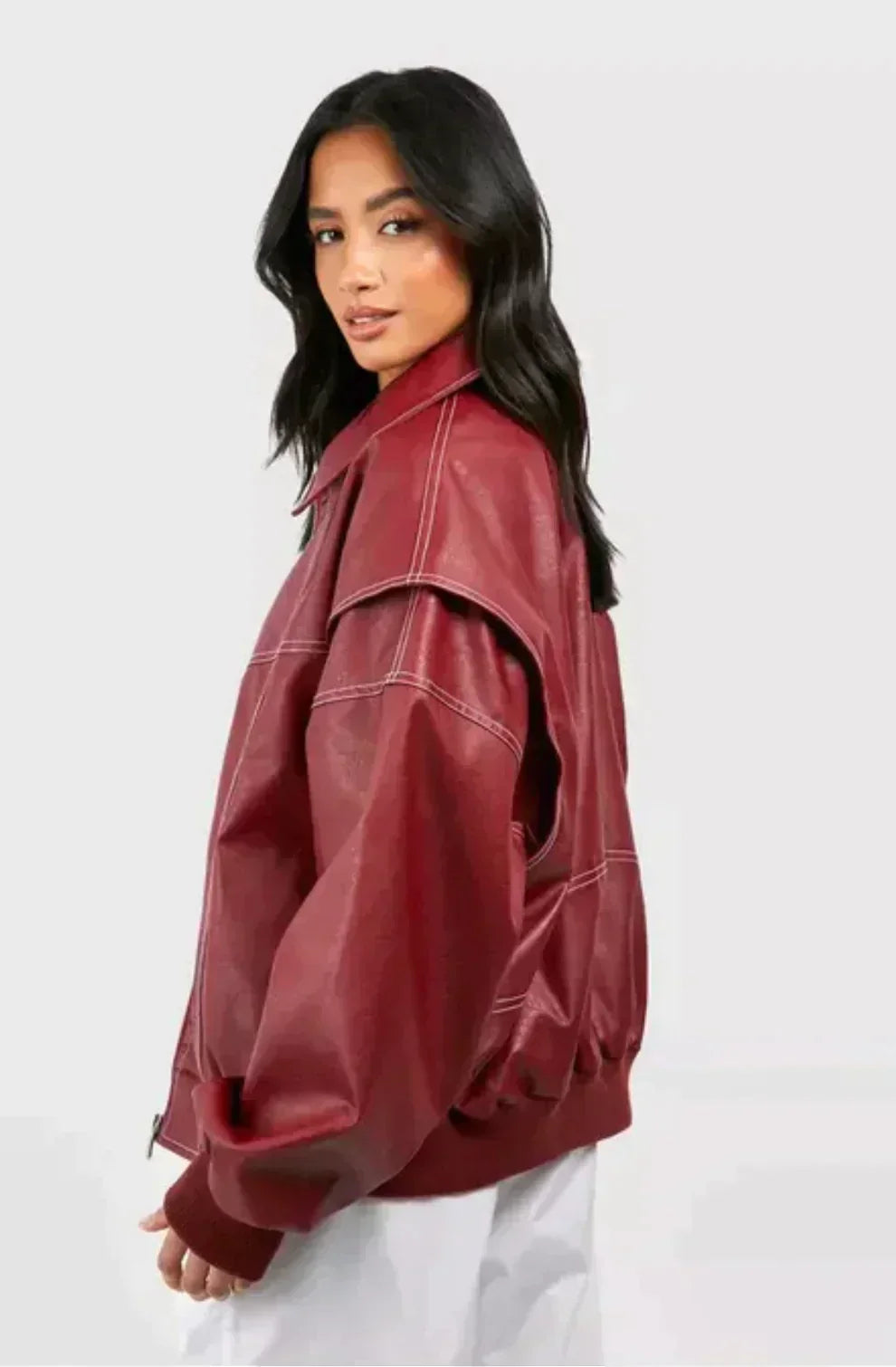 Chaqueta Bomber Mujer Efecto Cuero Oversize Costuras Decorativas