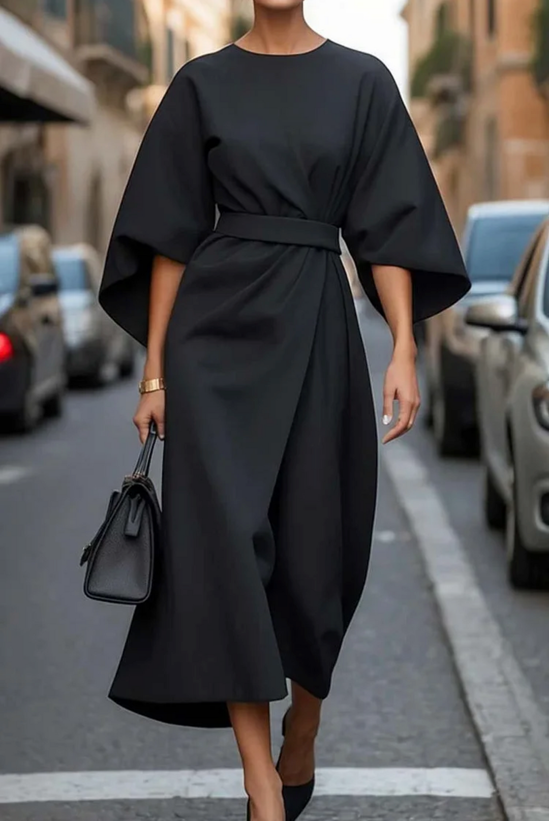 Vestido mujer elegante con mangas farol y cinturón ajustable