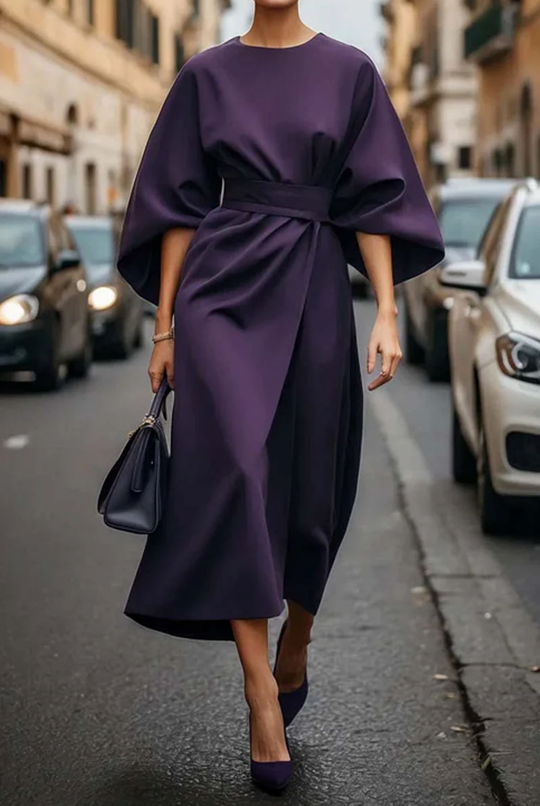 Vestido mujer elegante con mangas farol y cinturón ajustable