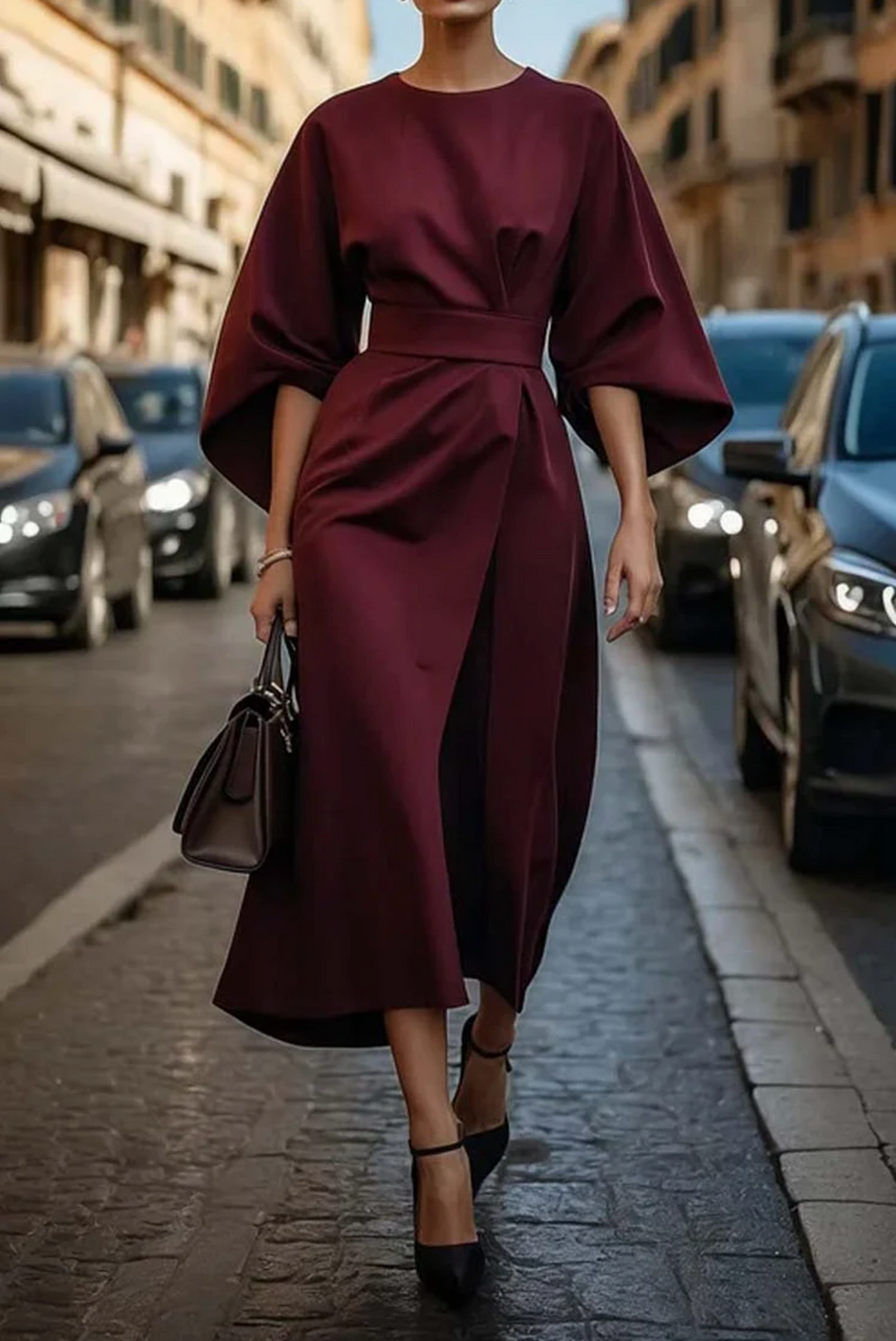 Vestido mujer elegante con mangas farol y cinturón ajustable