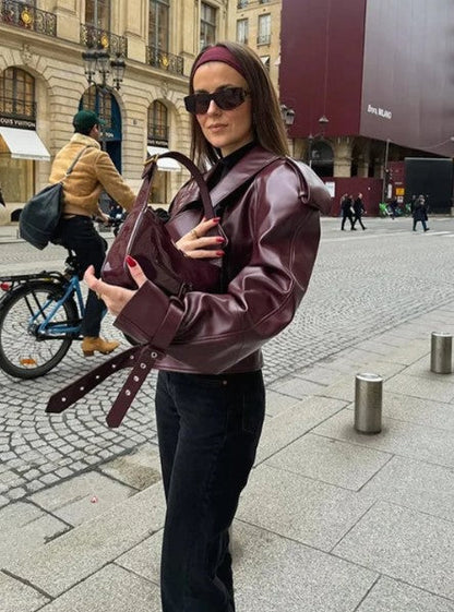 Chaqueta corta mujer de cuero ajuste otoño invierno