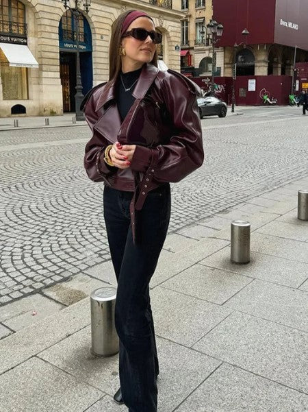 Chaqueta corta mujer de cuero ajuste otoño invierno