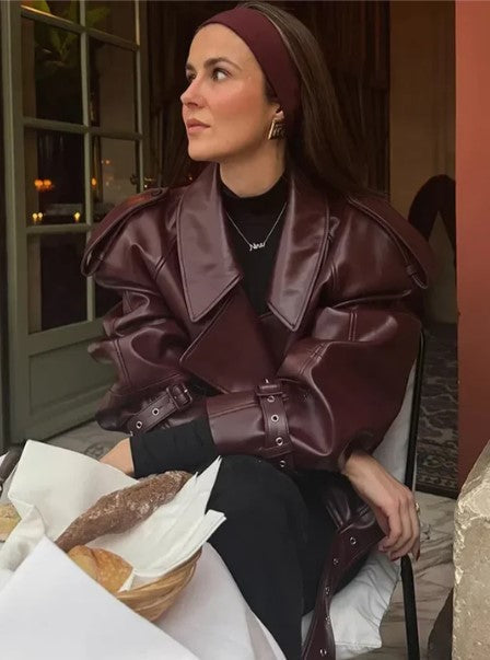 Chaqueta corta mujer de cuero ajuste otoño invierno