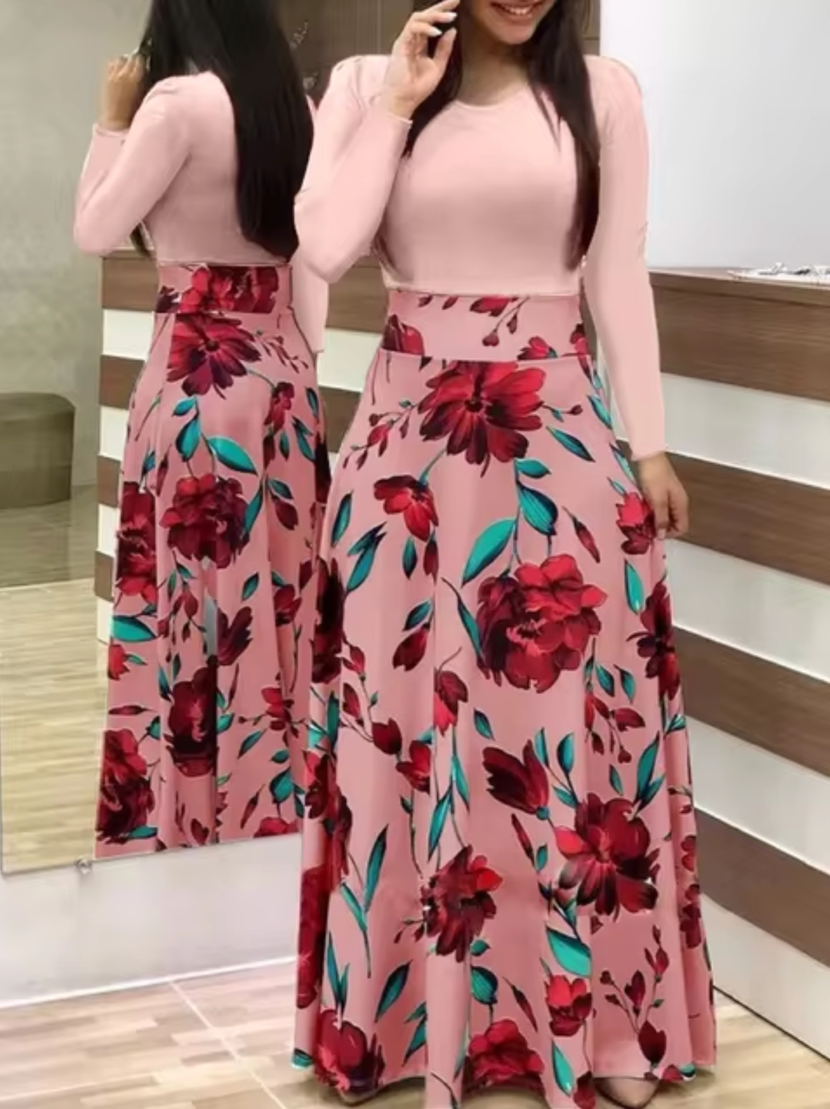 Vestido Mujer Manga Larga Estampado Floral Ajuste Regular