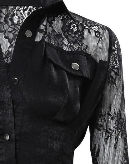 Vestido Camisa Mujer de Encaje Manga Larga