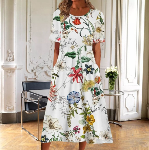 Vestido midi mujer de verano con estampado botánico