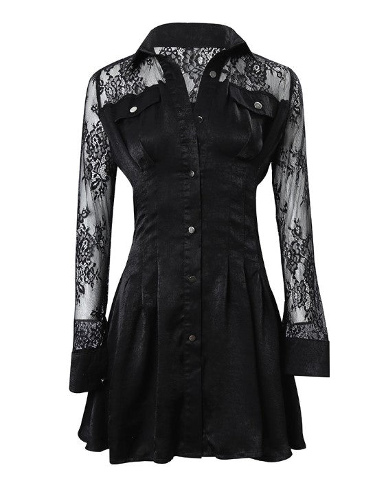 Vestido Camisa Mujer de Encaje Manga Larga