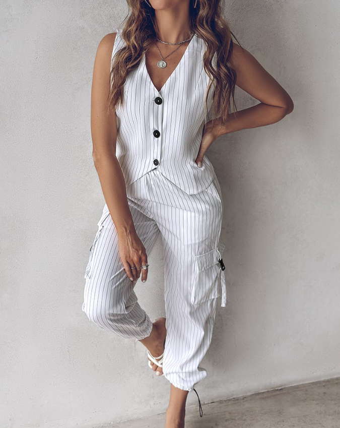 Conjunto Mujer de Dos Piezas Chaleco y Pantalón Rayas