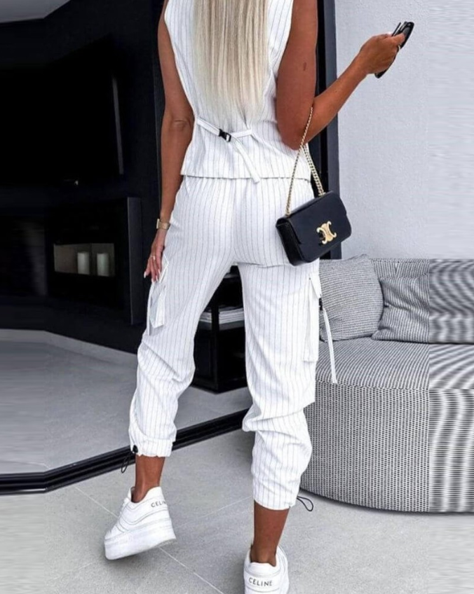 Conjunto Mujer de Dos Piezas Chaleco y Pantalón Rayas