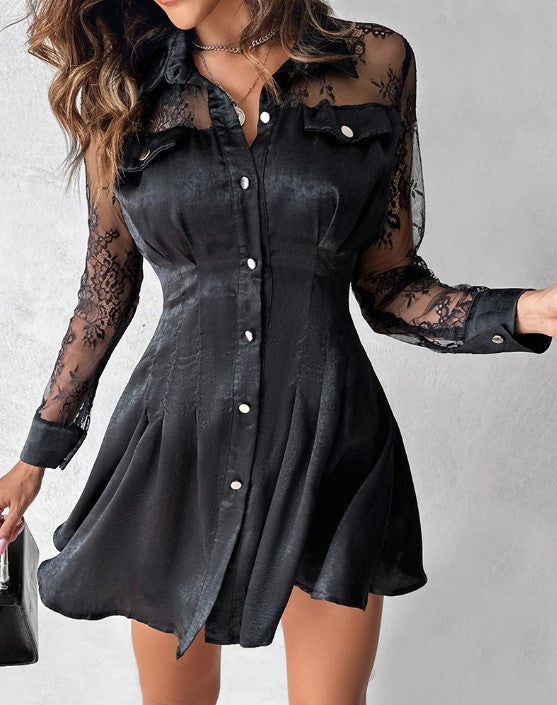 Vestido Camisa Mujer de Encaje Manga Larga