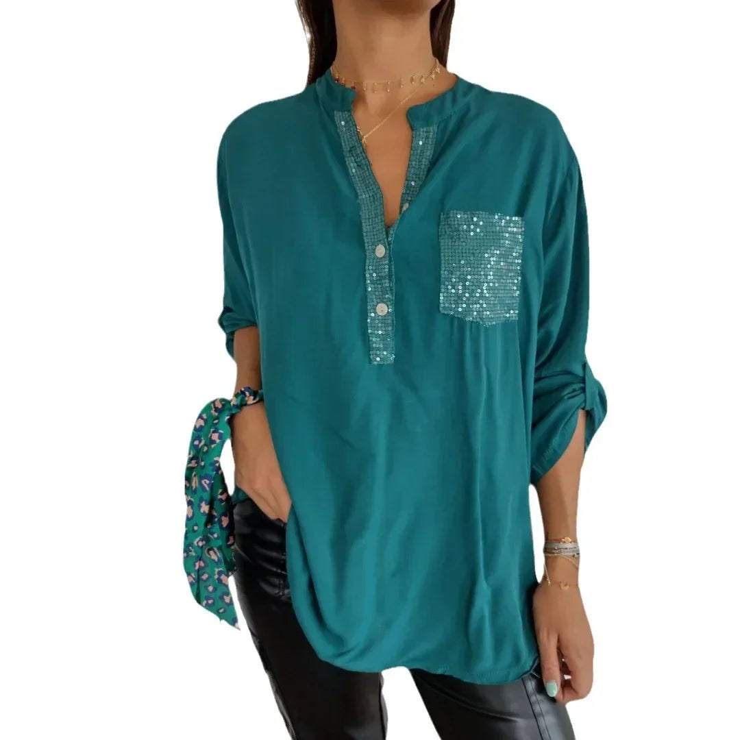 Blusa mujer casual con botones y detalles de lentejuelas