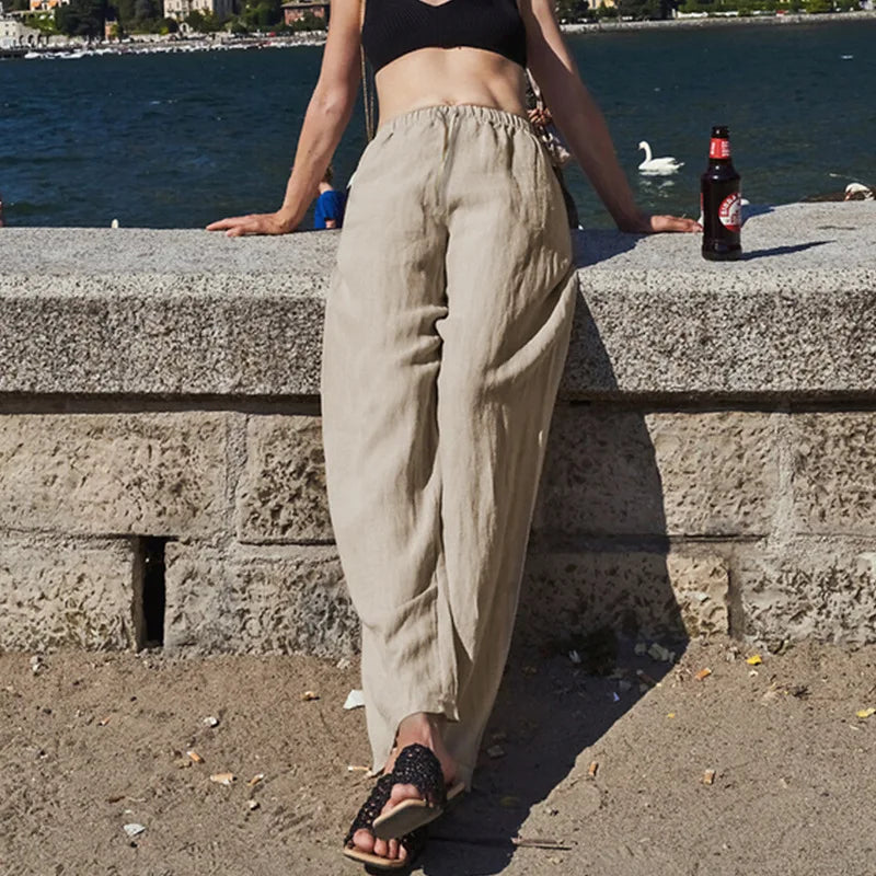 Pantalones Playa Mujer Mezcla de Lino y Algodón Pierna Ancha