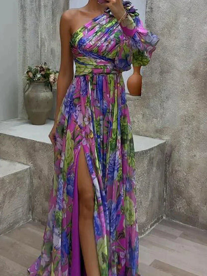 Vestido maxi mujer de un hombro con abertura lateral